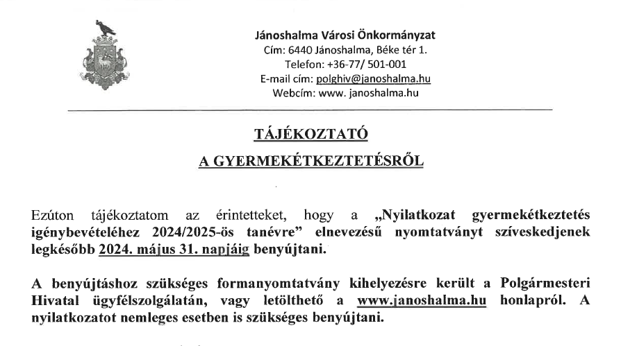 Tájékoztató a gyermekétkeztetésről 2024-2025